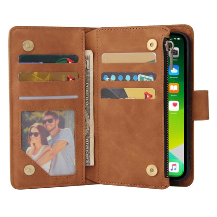 Multifunctional Phone Leather Case with Card Slot & Holder & Zipper Wallet & Photo Frame For iPhone 13 Pro(Brown)-garmade.com