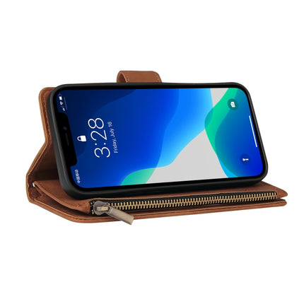 Multifunctional Phone Leather Case with Card Slot & Holder & Zipper Wallet & Photo Frame For iPhone 13 Pro(Brown)-garmade.com