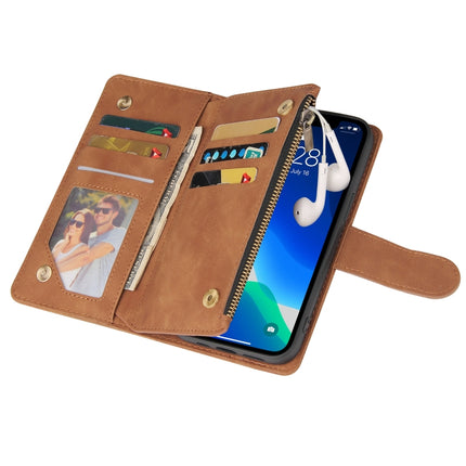 Multifunctional Phone Leather Case with Card Slot & Holder & Zipper Wallet & Photo Frame For iPhone 13 Pro(Brown)-garmade.com