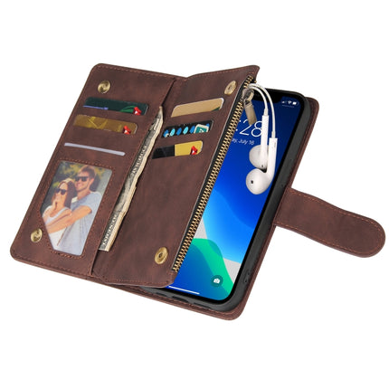 Multifunctional Phone Leather Case with Card Slot & Holder & Zipper Wallet & Photo Frame For iPhone 13 Pro(Coffee)-garmade.com