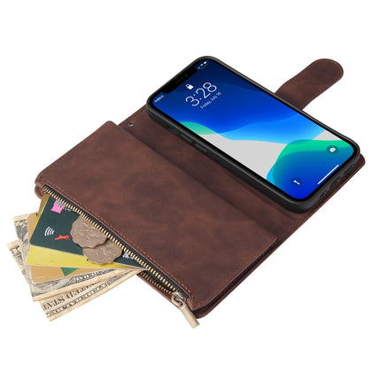Multifunctional Phone Leather Case with Card Slot & Holder & Zipper Wallet & Photo Frame For iPhone 13 Pro(Coffee)-garmade.com