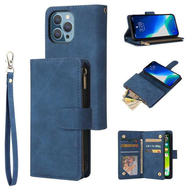 Multifunctional Phone Leather Case with Card Slot & Holder & Zipper Wallet & Photo Frame For iPhone 13 Pro(Blue)-garmade.com
