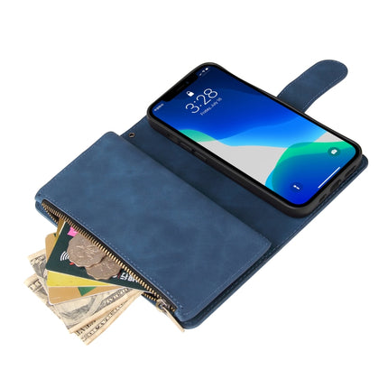 Multifunctional Phone Leather Case with Card Slot & Holder & Zipper Wallet & Photo Frame For iPhone 13 Pro(Blue)-garmade.com