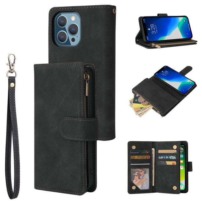 Multifunctional Phone Leather Case with Card Slot & Holder & Zipper Wallet & Photo Frame For iPhone 13 Pro(Black)-garmade.com