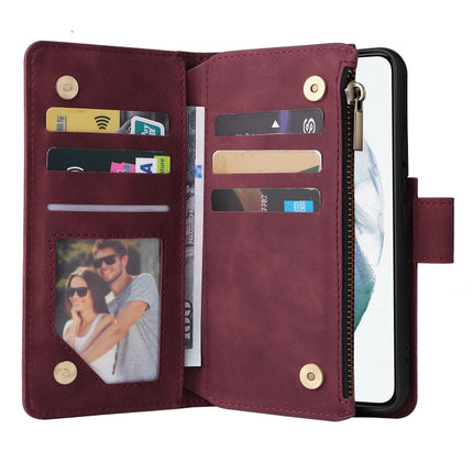 For Samsung Galaxy S22 5G Multifunctional Phone Leather Case with Card Slot & Holder & Zipper Wallet & Photo Frame(Wine Red)-garmade.com