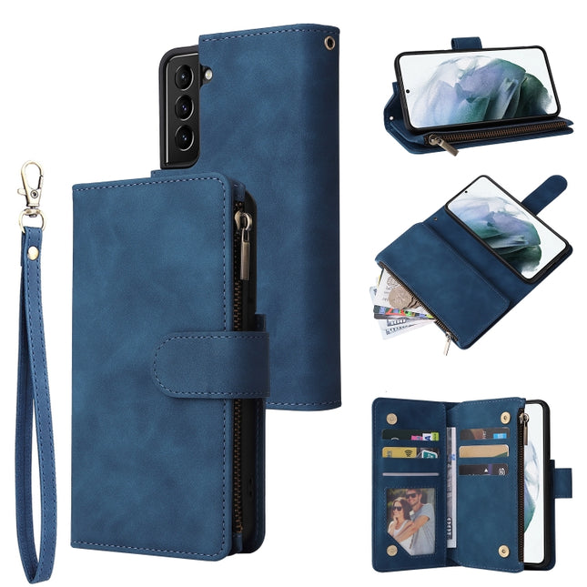 For Samsung Galaxy S22 5G Multifunctional Phone Leather Case with Card Slot & Holder & Zipper Wallet & Photo Frame(Blue)-garmade.com