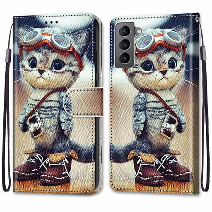 For Samsung Galaxy S22 5G Coloured Drawing Cross Texture Horizontal Flip PU Phone Leather Case with Holder & Card Slots & Wallet & Lanyard(Colorful Layer(Leather Shoes Cat)-garmade.com