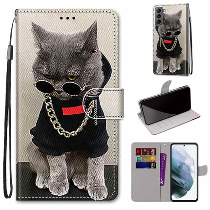 For Samsung Galaxy S22 5G Coloured Drawing Cross Texture Horizontal Flip PU Phone Leather Case with Holder & Card Slots & Wallet & Lanyard(Colorful Layer(Golden Chain Grey Cat)-garmade.com