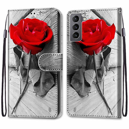 For Samsung Galaxy S22 5G Coloured Drawing Cross Texture Horizontal Flip PU Phone Leather Case with Holder & Card Slots & Wallet & Lanyard(Colorful Layer(Red Rose On Wooden)-garmade.com