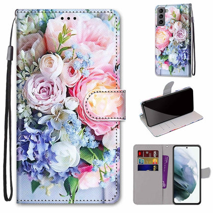 For Samsung Galaxy S22 5G Coloured Drawing Cross Texture Horizontal Flip PU Phone Leather Case with Holder & Card Slots & Wallet & Lanyard(Colorful Layer(Light Pink Bouquet)-garmade.com