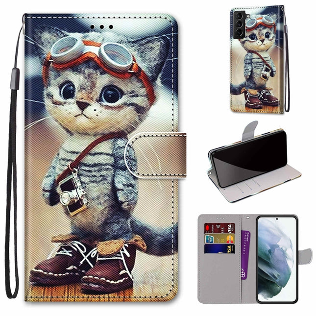 For Samsung Galaxy S22+ 5G Coloured Drawing Cross Texture Horizontal Flip PU Phone Leather Case with Holder & Card Slots & Wallet & Lanyard(Colorful Layer(Leather Shoes Cat)-garmade.com