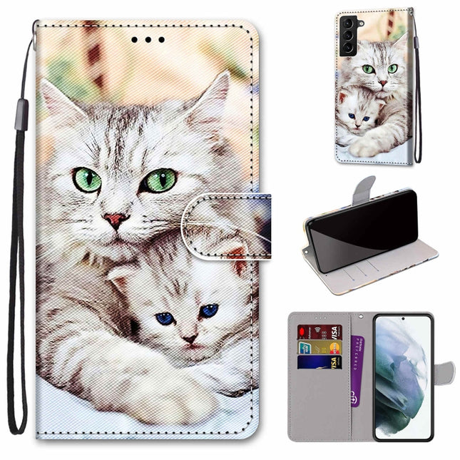 For Samsung Galaxy S22+ 5G Coloured Drawing Cross Texture Horizontal Flip PU Phone Leather Case with Holder & Card Slots & Wallet & Lanyard(Colorful Layer(Big Cat Hugging Kitten)-garmade.com