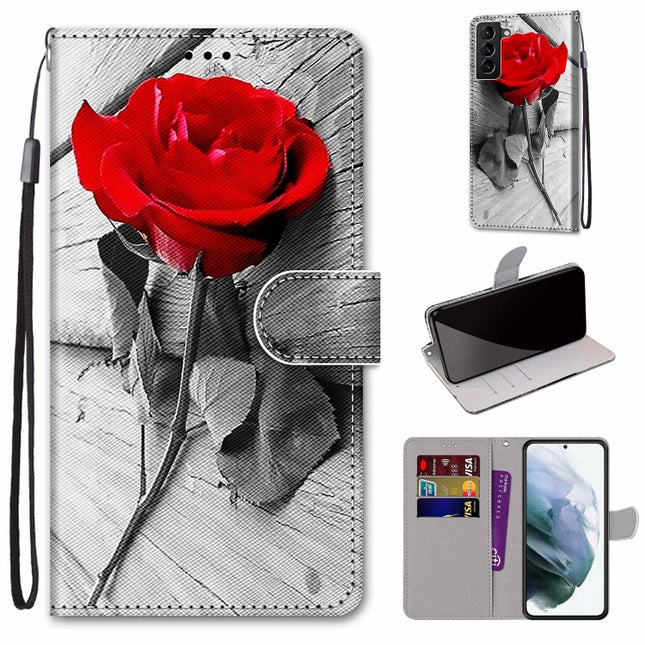 For Samsung Galaxy S22+ 5G Coloured Drawing Cross Texture Horizontal Flip PU Phone Leather Case with Holder & Card Slots & Wallet & Lanyard(Colorful Layer(Red Rose On Wooden)-garmade.com