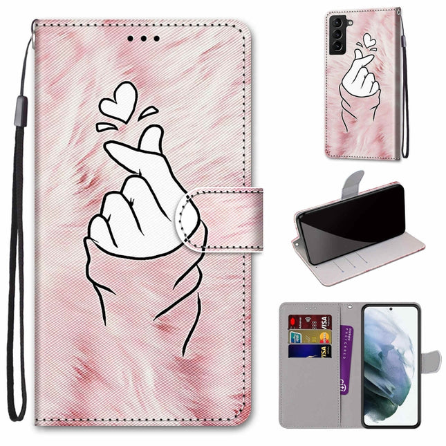 For Samsung Galaxy S22+ 5G Coloured Drawing Cross Texture Horizontal Flip PU Phone Leather Case with Holder & Card Slots & Wallet & Lanyard(Colorful Layer(Pink Hands Than Hearts)-garmade.com