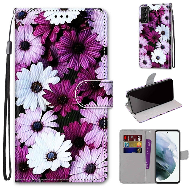 For Samsung Galaxy S22+ 5G Coloured Drawing Cross Texture Horizontal Flip PU Phone Leather Case with Holder & Card Slots & Wallet & Lanyard(Colorful Layer(Chrysanthemum Pink White Purple)-garmade.com
