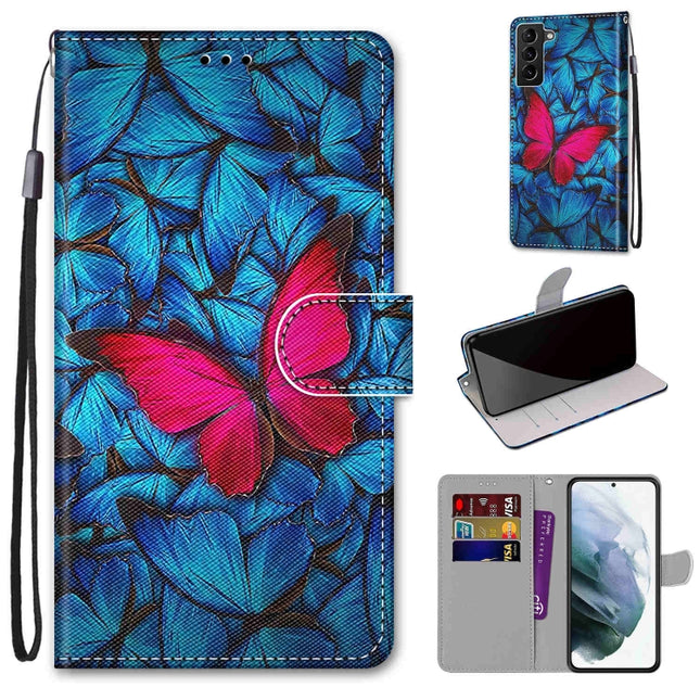 For Samsung Galaxy S22+ 5G Coloured Drawing Cross Texture Horizontal Flip PU Phone Leather Case with Holder & Card Slots & Wallet & Lanyard(Colorful Layer(Big Red Butterfly On Blue)-garmade.com