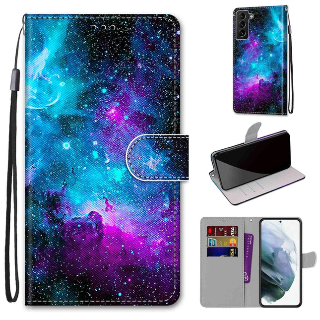 For Samsung Galaxy S22+ 5G Coloured Drawing Cross Texture Horizontal Flip PU Phone Leather Case with Holder & Card Slots & Wallet & Lanyard(Colorful Layer(Purple Green Starry Sky)-garmade.com