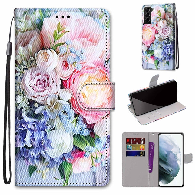 For Samsung Galaxy S22+ 5G Coloured Drawing Cross Texture Horizontal Flip PU Phone Leather Case with Holder & Card Slots & Wallet & Lanyard(Colorful Layer(Light Pink Bouquet)-garmade.com