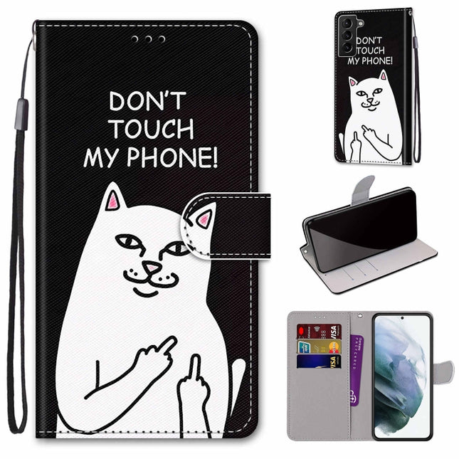For Samsung Galaxy S22+ 5G Coloured Drawing Cross Texture Horizontal Flip PU Phone Leather Case with Holder & Card Slots & Wallet & Lanyard(Colorful Layer(Middle Finger White Cat)-garmade.com