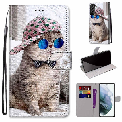 For Samsung Galaxy S22+ 5G Coloured Drawing Cross Texture Horizontal Flip PU Phone Leather Case with Holder & Card Slots & Wallet & Lanyard(Colorful Layer(Oblique Hat Blue Mirror Cat)-garmade.com