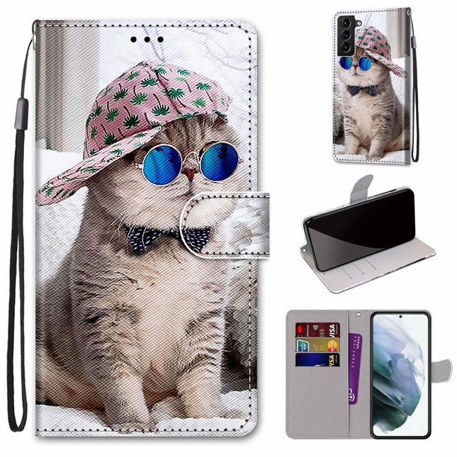 For Samsung Galaxy S22+ 5G Coloured Drawing Cross Texture Horizontal Flip PU Phone Leather Case with Holder & Card Slots & Wallet & Lanyard(Colorful Layer(Oblique Hat Blue Mirror Cat)-garmade.com