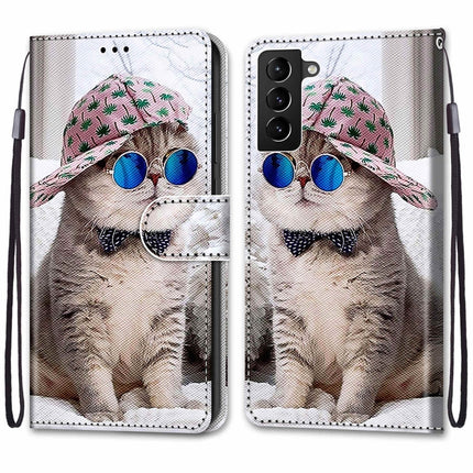 For Samsung Galaxy S22+ 5G Coloured Drawing Cross Texture Horizontal Flip PU Phone Leather Case with Holder & Card Slots & Wallet & Lanyard(Colorful Layer(Oblique Hat Blue Mirror Cat)-garmade.com