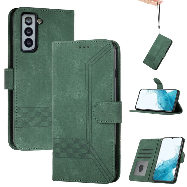 For Samsung Galaxy S22+ 5G Cubic Skin Feel Flip Leather Phone Case(Dark Green)-garmade.com