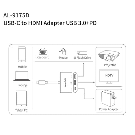 amalink 9175D Type-C / USB-C to HDMI + USB 3.0 + PD HUB Adapter(Grey)-garmade.com