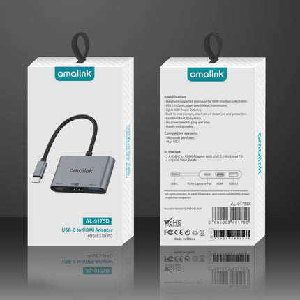 amalink 9175D Type-C / USB-C to HDMI + USB 3.0 + PD HUB Adapter(Grey)-garmade.com
