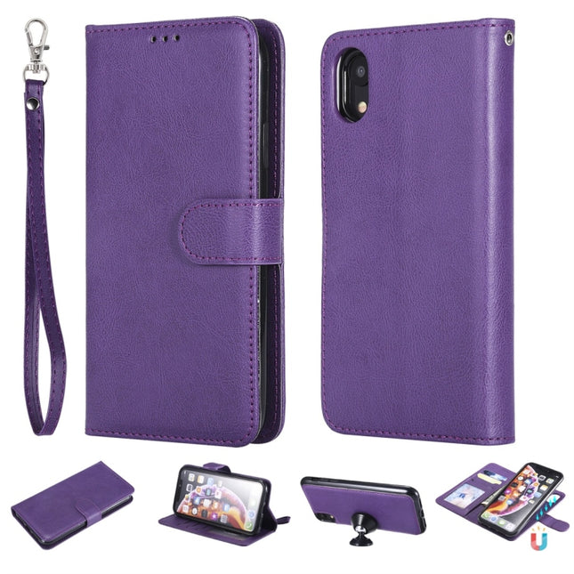 For iPhone XR Solid Color Horizontal Flip Protective Case with Holder & Card Slots & Wallet & Photo Frame & Lanyard(Purple)-garmade.com