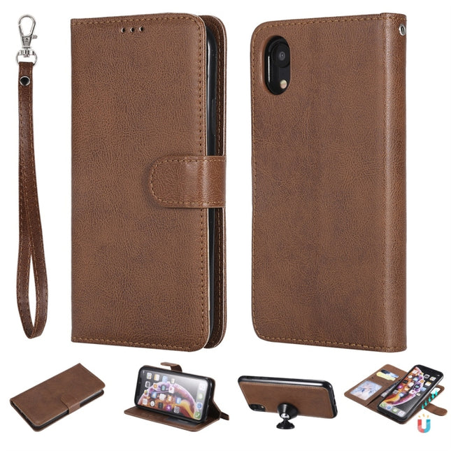 For iPhone XR Solid Color Horizontal Flip Protective Case with Holder & Card Slots & Wallet & Photo Frame & Lanyard(Brown)-garmade.com