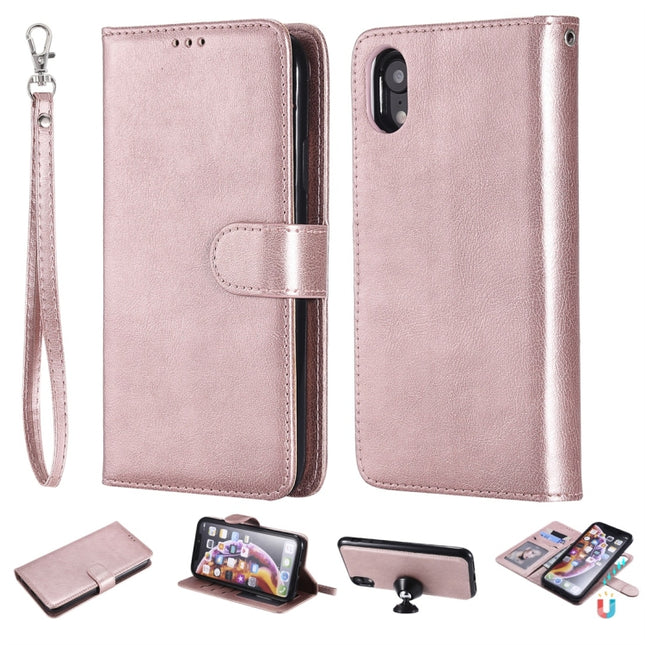 For iPhone XR Solid Color Horizontal Flip Protective Case with Holder & Card Slots & Wallet & Photo Frame & Lanyard(Rose Gold)-garmade.com