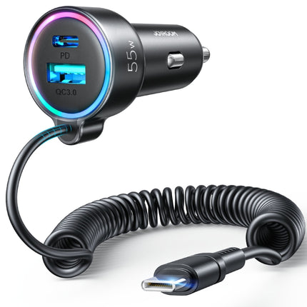 JOYROOM JR-CL07 3 in 1 55W PD USB-C / Type-C + USB Interface Car Charger with USB-C / Type-C Spring Data Cable(Black)-garmade.com