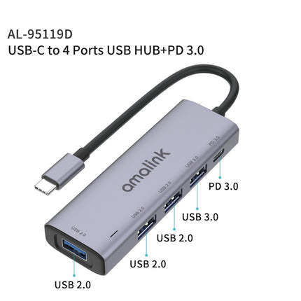 amalink 95119D Type-C / USB-C to 4 Ports USB + PD 3.0 Multi-function HUB Docking Station(Grey)-garmade.com