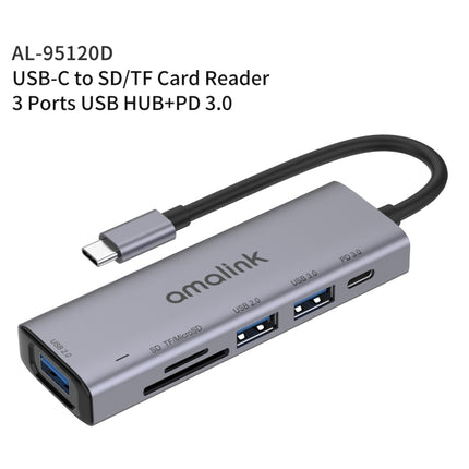 amalink 95120D Type-C / USB-C to SD/TF + 3 Ports USB + PD 3.0 Multi-function HUB (Grey)-garmade.com