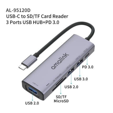 amalink 95120D Type-C / USB-C to SD/TF + 3 Ports USB + PD 3.0 Multi-function HUB (Grey)-garmade.com