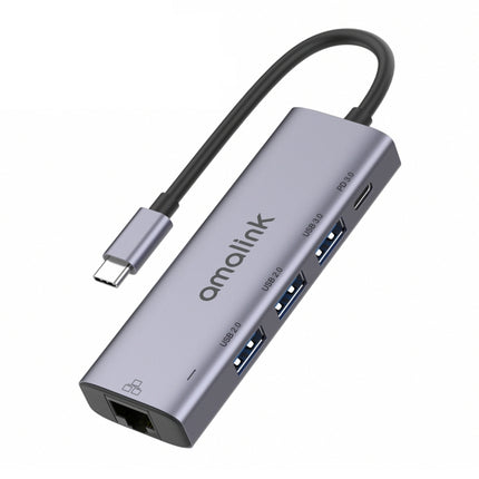 amalink 95121D Type-C / USB-C to RJ45 + 3 Ports USB + PD 3.0 Multi-function HUB(Grey)-garmade.com