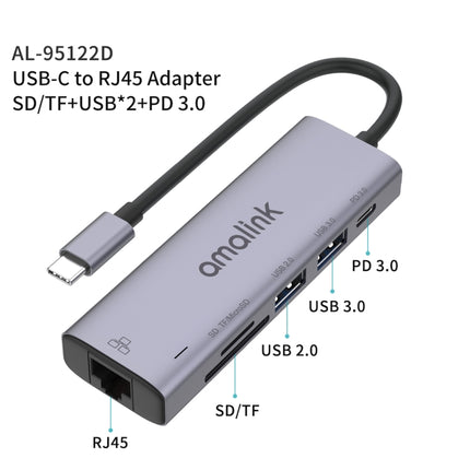 amalink 95122D Type-C / USB-C to RJ45 + 2 Ports USB + PD 3.0 Multi-function HUB(Grey)-garmade.com