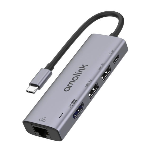 amalink 95125D Type-C / USB-C to HDMI + RJ45 + 2 Ports USB + PD 3.0 Multi-function HUB(Grey)-garmade.com