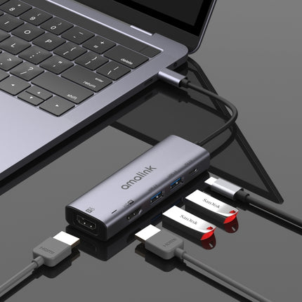 amalink 95126 Type-C / USB-C to Dual HDMI + 2 Ports USB + PD 3.0 Multi-function HUB(Grey)-garmade.com
