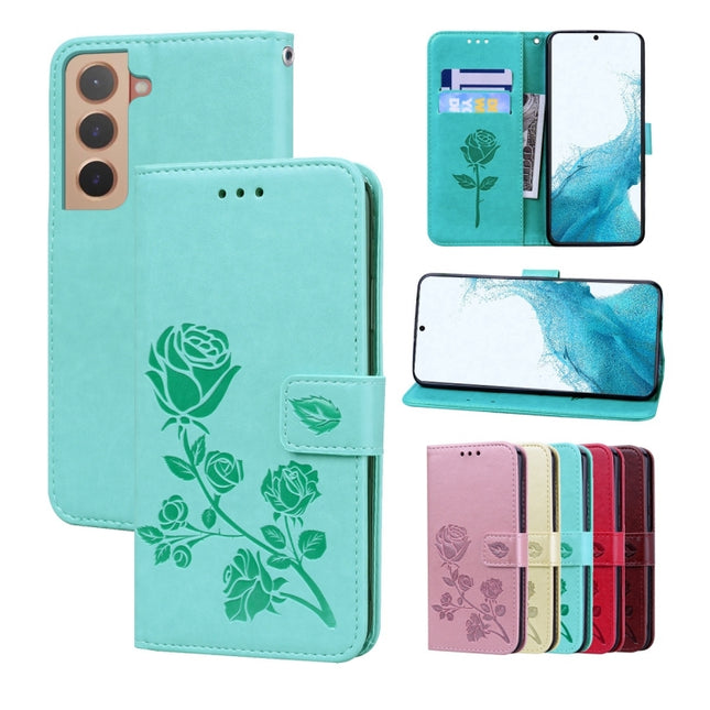 For Samsung Galaxy S22+ 5G Rose Embossed Leather Phone Case(Green)-garmade.com