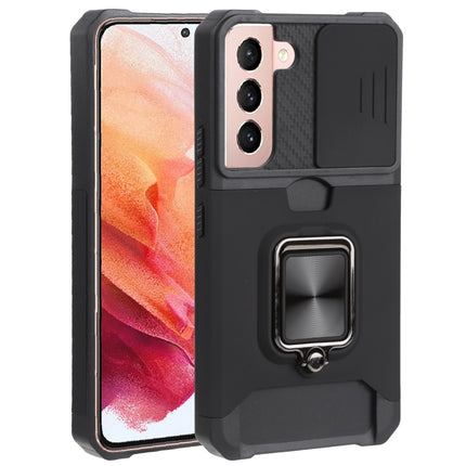For Samsung Galaxy S22 5G Sliding Camera Cover Design PC + TPU Shockproof Phone Case with Ring Holder & Card Slot(Black)-garmade.com