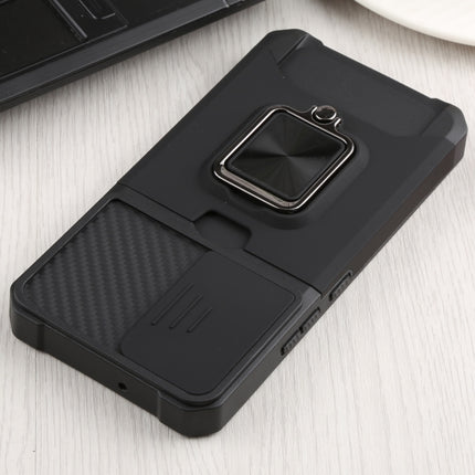For Samsung Galaxy S22 5G Sliding Camera Cover Design PC + TPU Shockproof Phone Case with Ring Holder & Card Slot(Black)-garmade.com