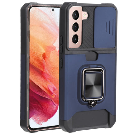 For Samsung Galaxy S22 5G Sliding Camera Cover Design PC + TPU Shockproof Phone Case with Ring Holder & Card Slot(Blue)-garmade.com