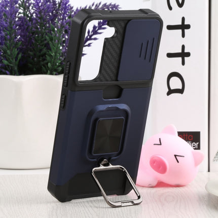 For Samsung Galaxy S22 5G Sliding Camera Cover Design PC + TPU Shockproof Phone Case with Ring Holder & Card Slot(Blue)-garmade.com
