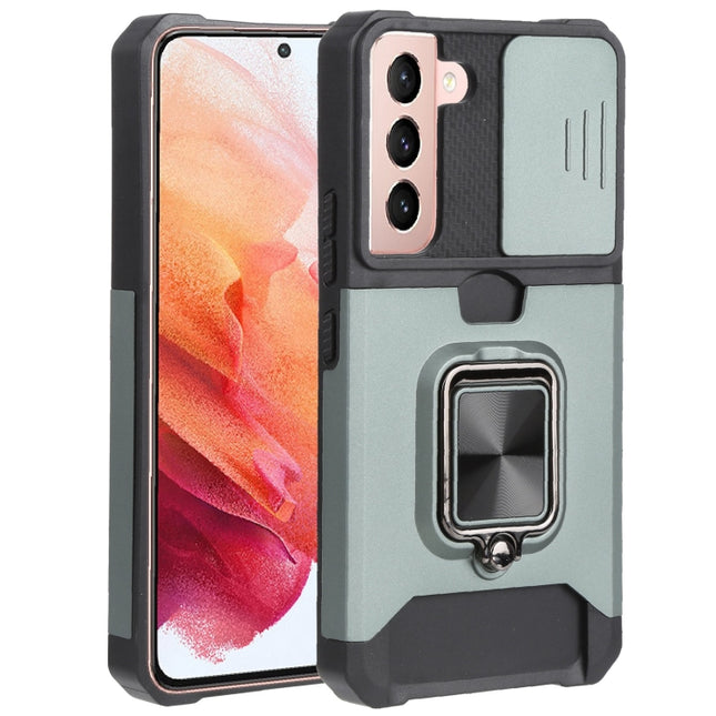 For Samsung Galaxy S22 5G Sliding Camera Cover Design PC + TPU Shockproof Phone Case with Ring Holder & Card Slot(Dark Green)-garmade.com