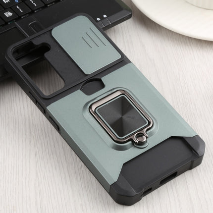 For Samsung Galaxy S22 5G Sliding Camera Cover Design PC + TPU Shockproof Phone Case with Ring Holder & Card Slot(Dark Green)-garmade.com