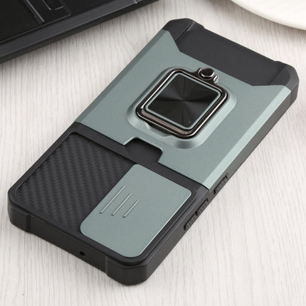 For Samsung Galaxy S22 5G Sliding Camera Cover Design PC + TPU Shockproof Phone Case with Ring Holder & Card Slot(Dark Green)-garmade.com