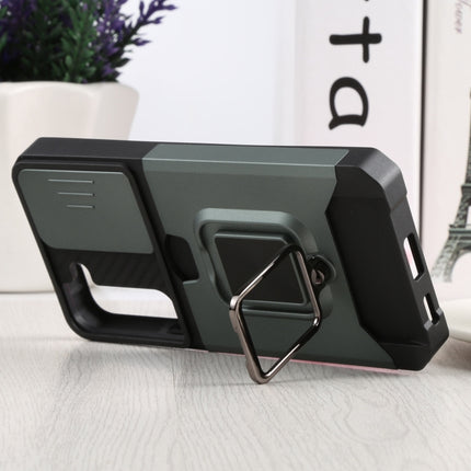 For Samsung Galaxy S22 5G Sliding Camera Cover Design PC + TPU Shockproof Phone Case with Ring Holder & Card Slot(Dark Green)-garmade.com