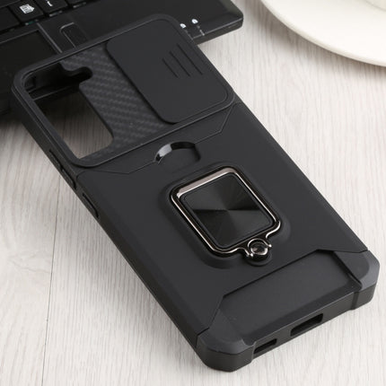 For Samsung Galaxy S22+ 5G Sliding Camera Cover Design PC + TPU Shockproof Phone Case with Ring Holder & Card Slot(Black)-garmade.com